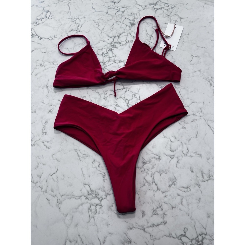 New Quince Cherry Red Knot Tie Bikini Top & V Cut High Leg Bottom Set Medium